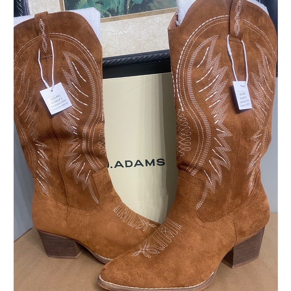 J. Adams Roundup Brown Microfiber Western Cowboy Boots Size 9 3030-RWL